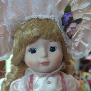 Porcelain doll blond hair blue eyes  Alison pink dress hat display stand